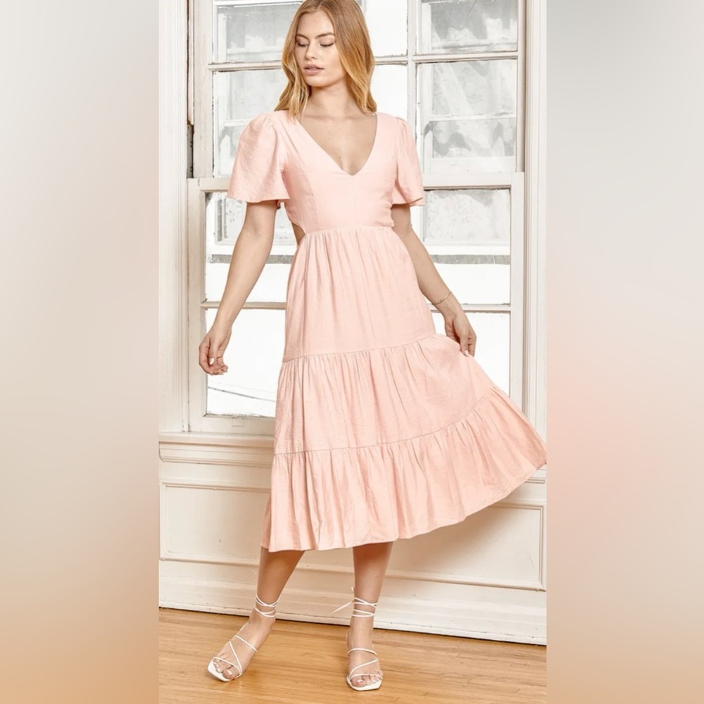 Lulu's Tied With Love Light Pink Tiered Tie-Back Midi Dress Size S